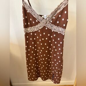 Lovely Day Brown Polka Dot Slip Dress with Lace Trim and Rosette in Size Large